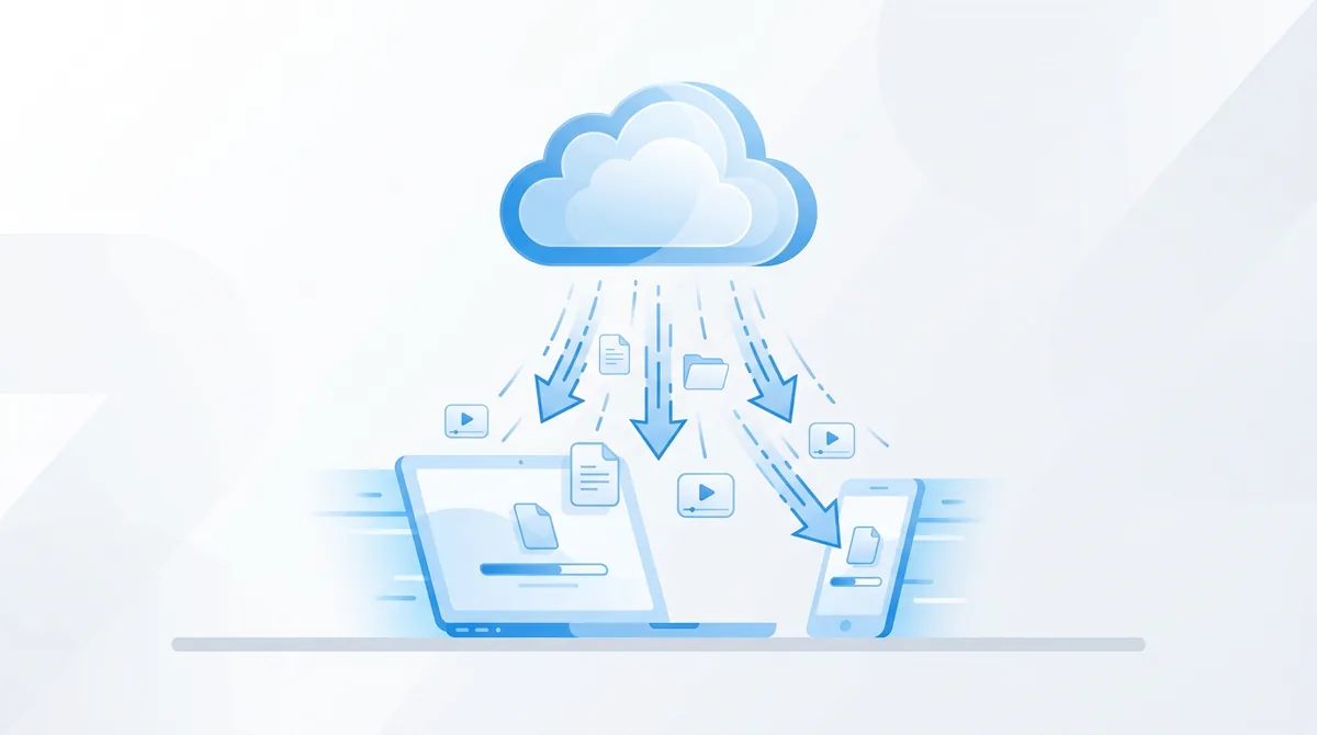 Illustration of Keep2Share file hosting: files downloading from the cloud to a laptop and phone