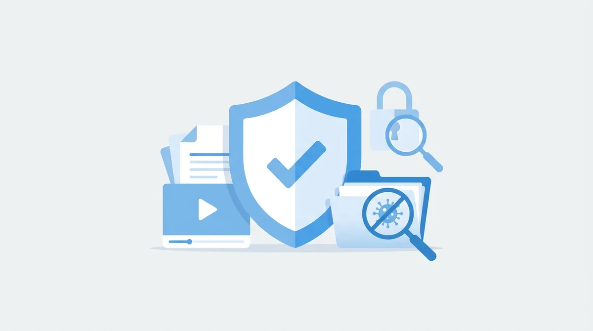 Illustration of Keep2Share safety: shield, padlock and virus scan protecting downloaded files